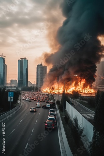 Urban inferno fire engulfs a megacity, with burning blazing cars, roads, and skyscrapers. Chaotic scene of city engulfed in flames, capturing the intensity and destruction of a large-scale urban fire.