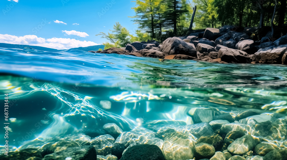 Split underwater photo of beautiful seascape with water surface and coral reef. Tropical landscape. Rocks and blue water. Summer time. 