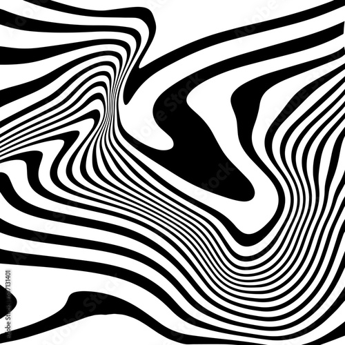 Black and White Abstract Background with Waves, Swirls, and Twirl Patterns. Retro Psychedelic Vector Design. Twisted and Distorted Texture in Y2K Aesthetic. Trendy Illustration in 60s, 70s Style.