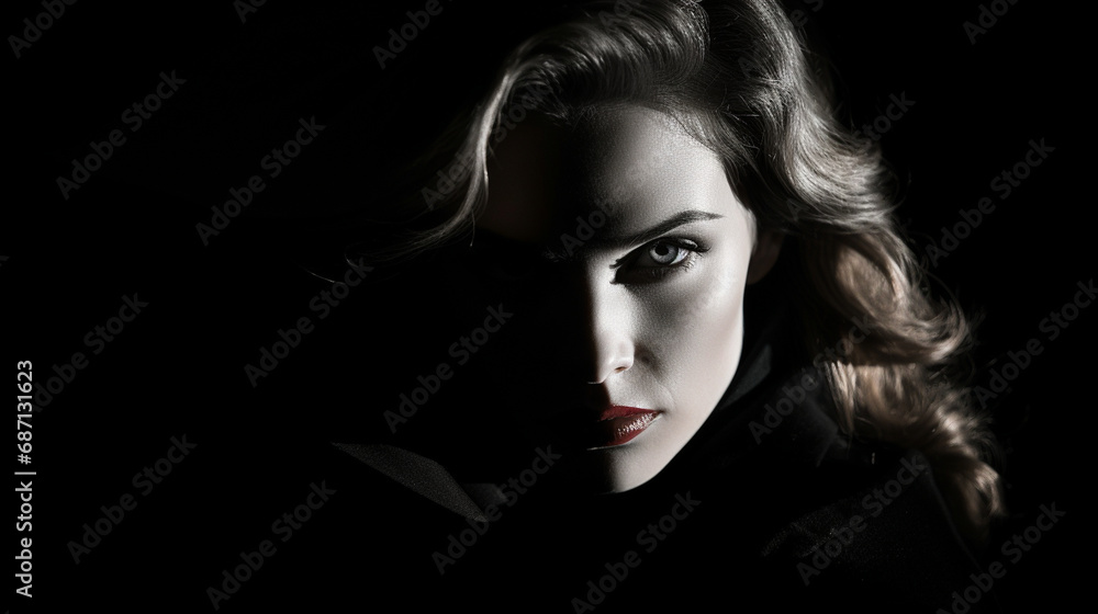 Mysterious Noir: A cinematic noir-style portrait of a woman, emphasizing shadows and highlights to create a sense of mystery. Mysterious Noir: A cinematic noir-style portrait of a woman, emphasizing shadows and highlights to create a sense of mystery.