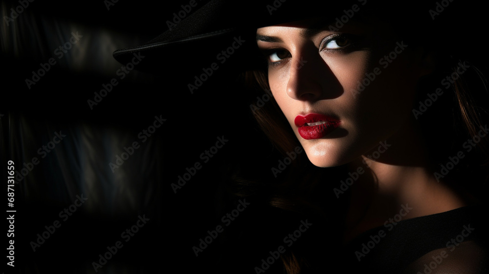 Mysterious Noir: A cinematic noir-style portrait of a woman, emphasizing shadows and highlights to create a sense of mystery. Mysterious Noir: A cinematic noir-style portrait of a woman, emphasizing shadows and highlights to create a sense of mystery.