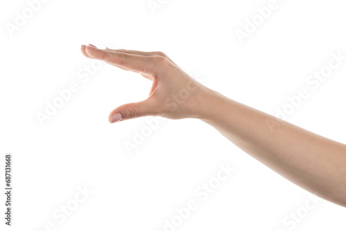 Young woman hand claw to hold something isolated on white background