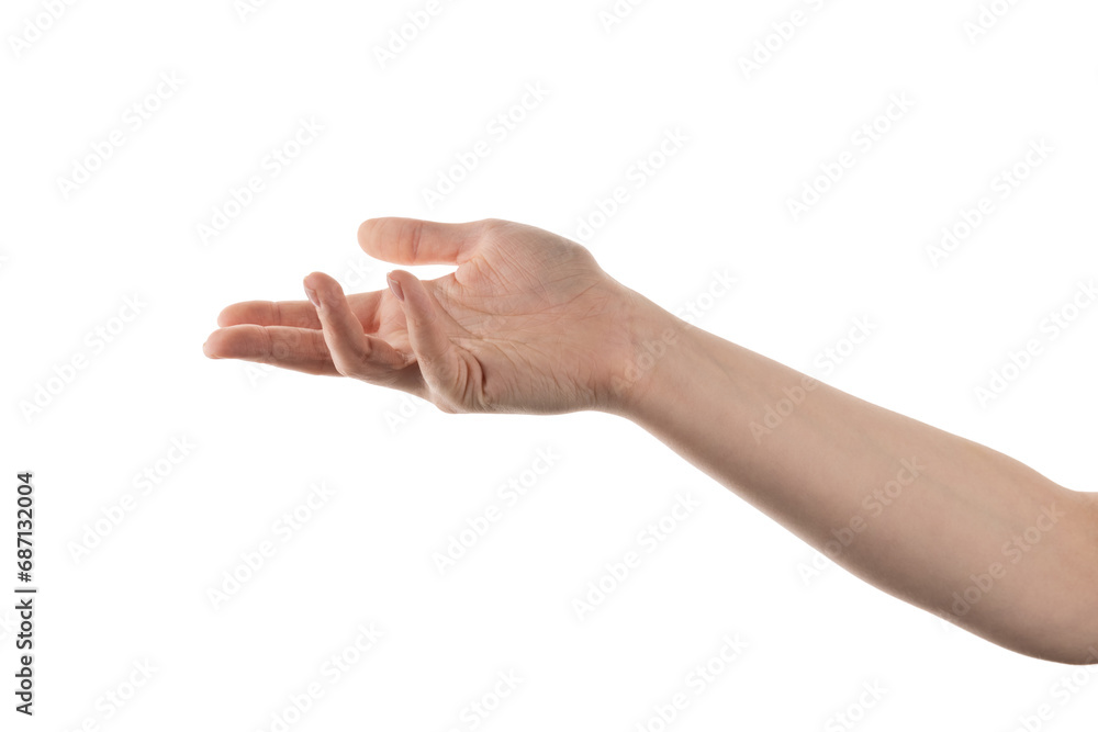 Young woman hand hold something with cupped palm isolated on white background Young woman hand hold something with cupped palm isolated on white background