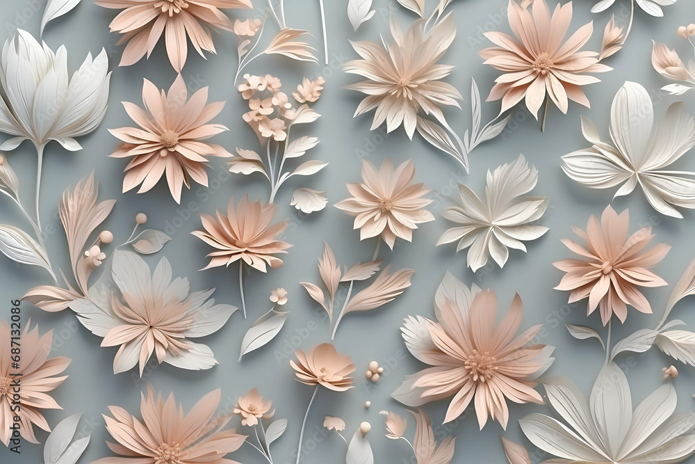 Dry flowers 3d wallpaper vetor. Floral abstraction light background illustration. Soft delicate floral printable pattern. Dried flower pattern. Decor interiors. Generative AI