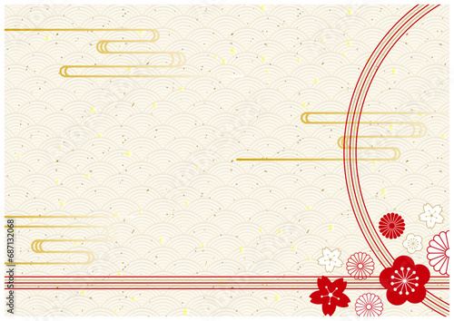 和柄モダンな花舞う水引フレームの年賀状和紙