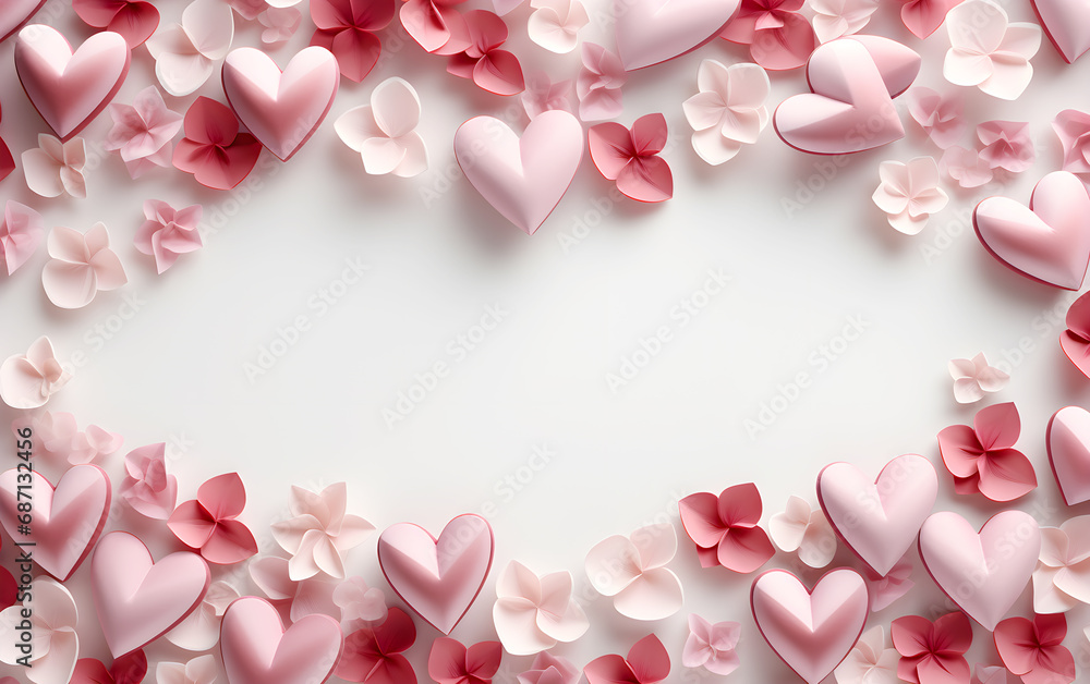 Paper hearts - flat lay on white valentines or anniversary, mother's day or love concepts background with copy space