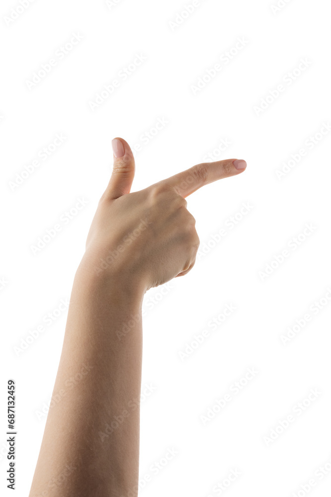 Young woman hand show direction isolated on white background Young woman hand show direction isolated on white background