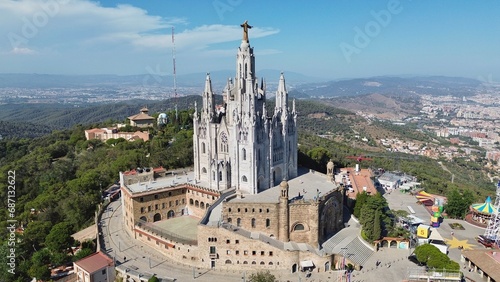 drone photo Temple of the Sacred Heart of Jesus, Temple Expiatori del Sagrat Cor Tibidabo Barcelona Spain Europe 