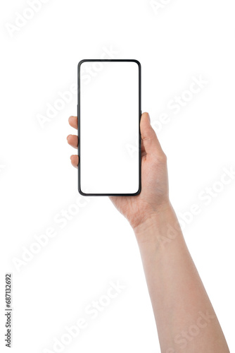 Young woman hand show generic smartphone with empty screen isolated on white background