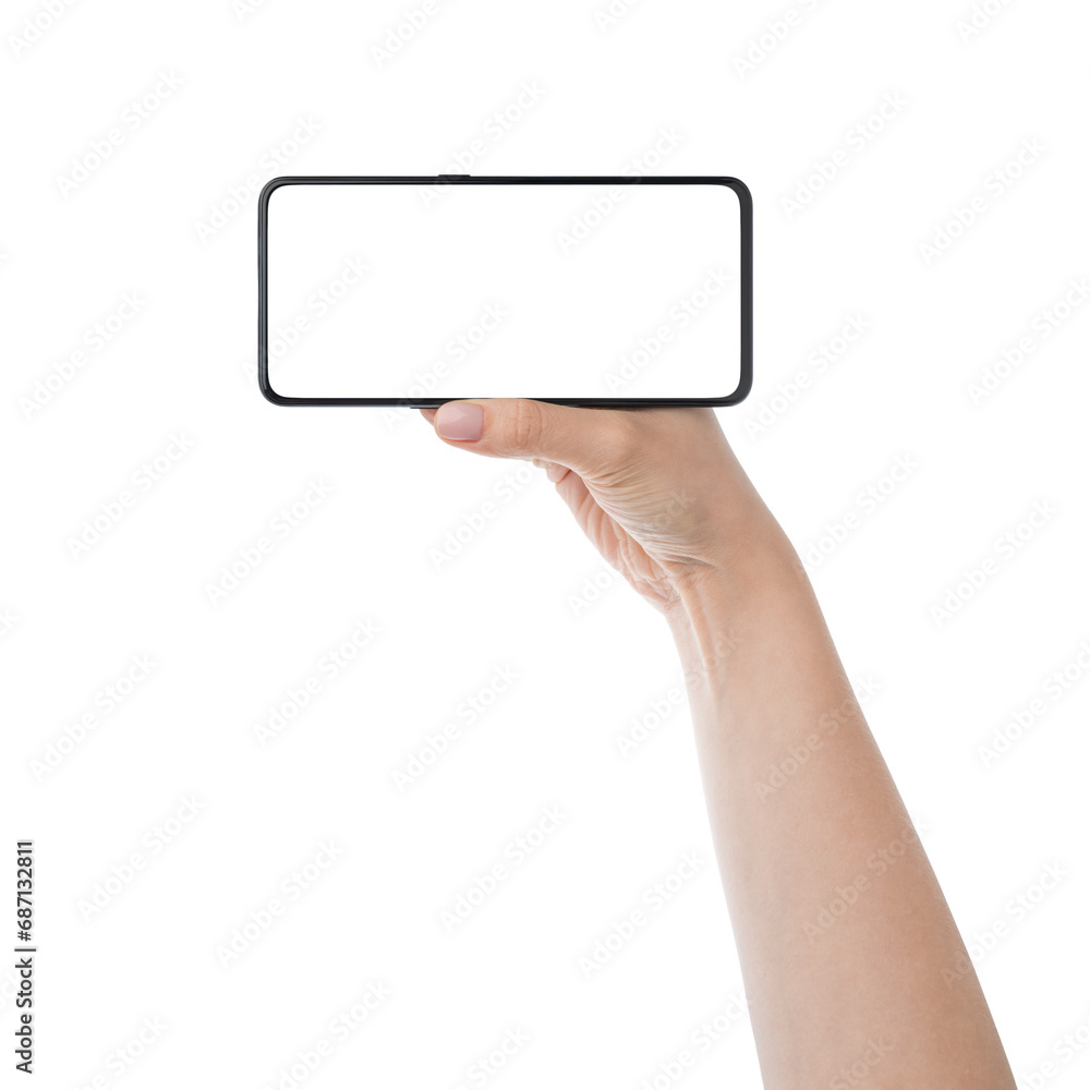 Young woman hand show generic smartphone with empty screen isolated on white background Young woman hand show generic smartphone with empty screen isolated on white background