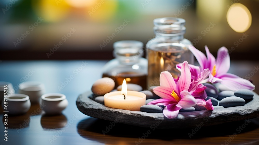 The Delicate Balance and Beauty of a Tranquil Spa Setting in Close View. Generative AI The Delicate Balance and Beauty of a Tranquil Spa Setting in Close View. Generative AI