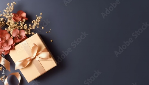 Top view concept photo of woman's day composition gift boxes with bows ribbon flowers on isolated pastel background with copyspace for text photo