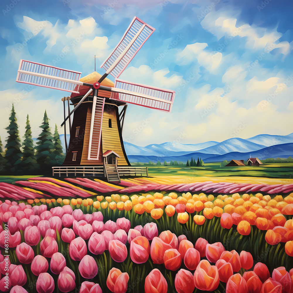 a serene tulip field with a windmill in the background.