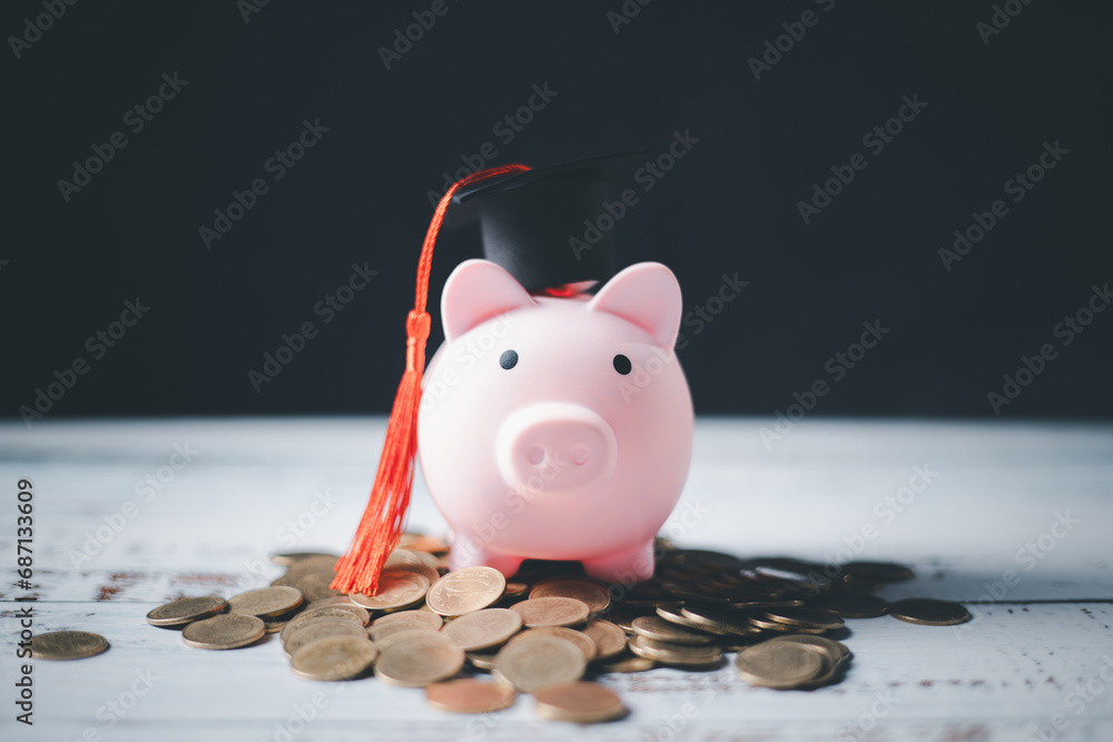 Saving money coin with banking investment, finance education concept. Planning student loan for studying abroad for college or university degree. Future children's education fund cash. Growing - obrazy, fototapety, plakaty 