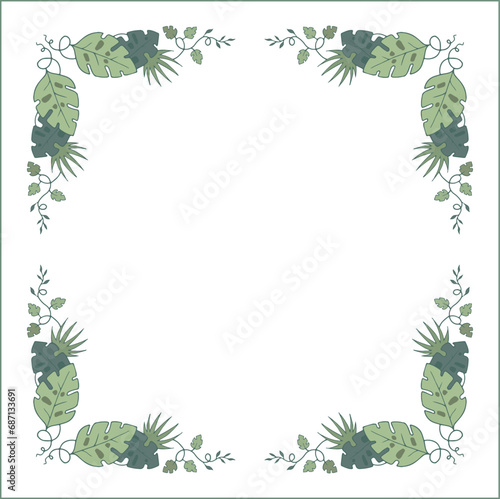 Green botanical frame with tropical leaves in jungles  decorative corners for greeting cards, banners, business cards, invitations, menus. Isolated vector illustration.	