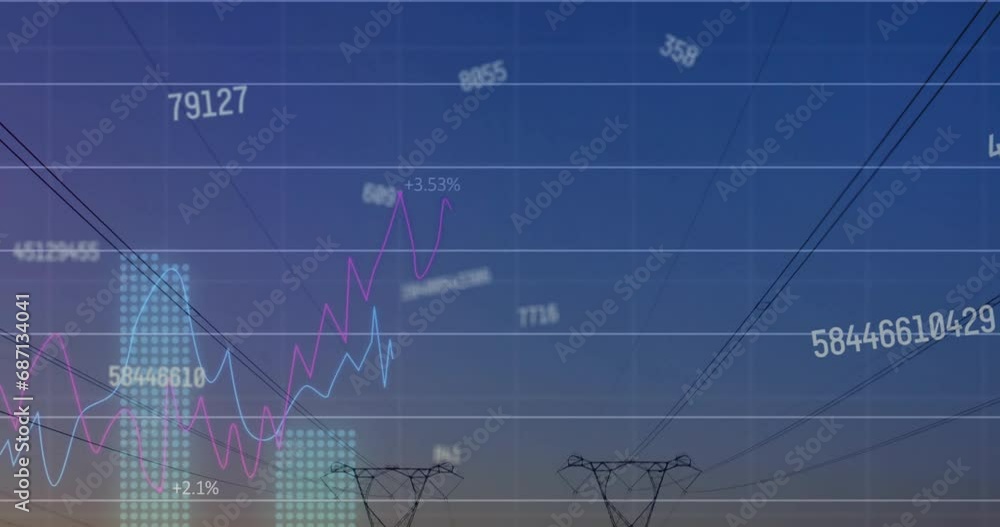 Animation of financial data processing over electricity pylons on field Animation of financial data processing over electricity pylons on field