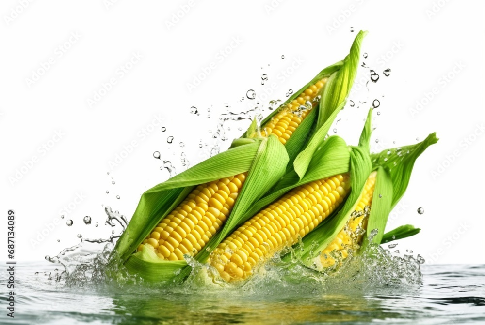 fresh corn with water splash isolated white background. generative ai