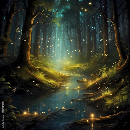 a moonlit forest with fireflies and a mysterious glow.