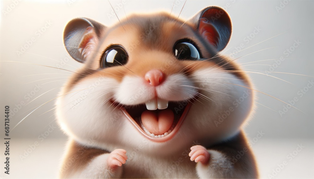 Photorealistic horizontal image of an extremely happy hamster. The hamster's eyes are bright and joyful, with a wide, cheerful smile showing its small teeth. Its fur is smooth and appears fluffy. Photorealistic horizontal image of an extremely happy hamster. The hamster's eyes are bright and joyful, with a wide, cheerful smile showing its small teeth. Its fur is smooth and appears fluffy.