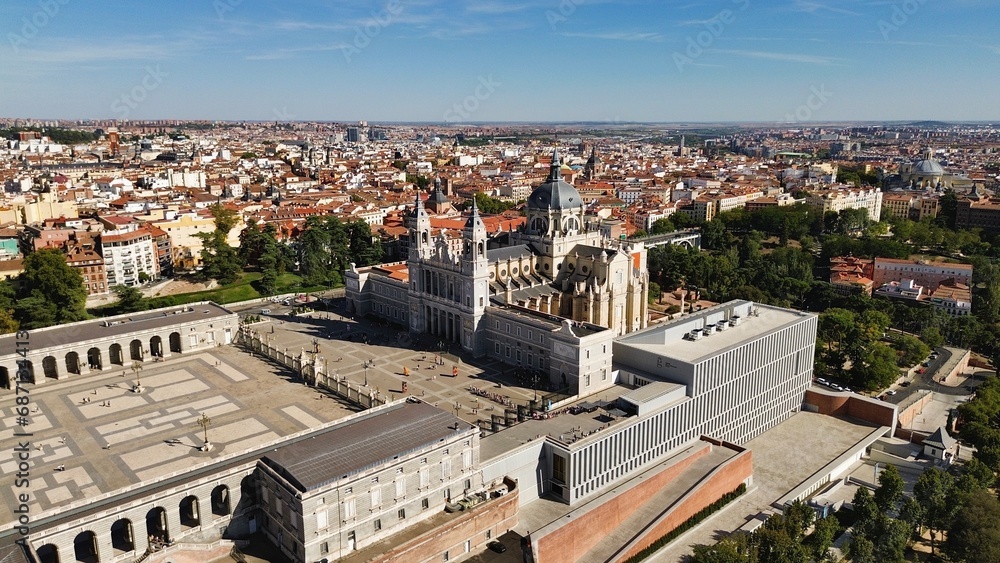 drone photo Almudena Cathedral, Catedral de Santa María la Real de la Almudena Madrid Spain Europe