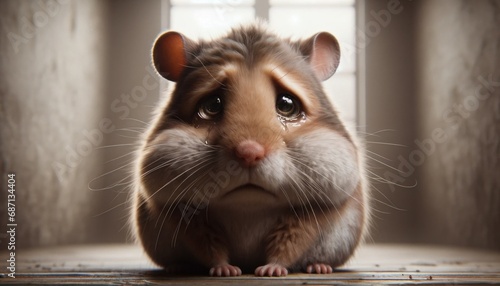 Photorealistic horizontal image of a very sad hamster. The hamster's eyes are downcast and watery, with a frowning expression. Its fur appears slightly disheveled, adding to the sense of melancholy. photo