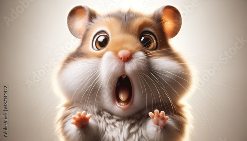 Photorealistic horizontal image of a very surprised hamster. The hamster's eyes are wide and round, with its mouth open in a surprised expression. Its fur appears slightly ruffled.