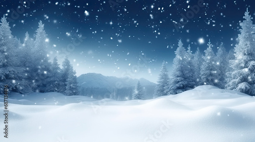 Winter background with snow and trees is a serene and wintry scene,Christmas background with xmas tree and sparkle bokeh lights, for holiday promotions, greeting cards, and winter-themed graphic © Planetz