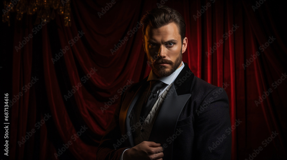 Cinematic posed portrait of an actor in character, dramatic stage costume, intense gaze, dark velvet curtain backdrop Cinematic posed portrait of an actor in character, dramatic stage costume, intense gaze, dark velvet curtain backdrop
