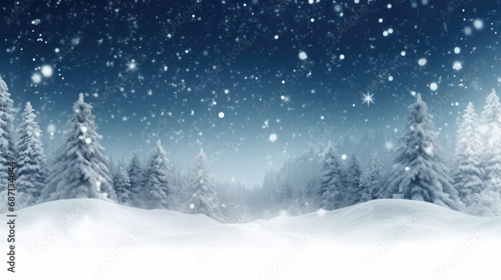 Winter background with snow and trees is a serene and wintry scene,Christmas background with xmas tree and sparkle bokeh lights, for holiday promotions, greeting cards, and winter-themed graphic