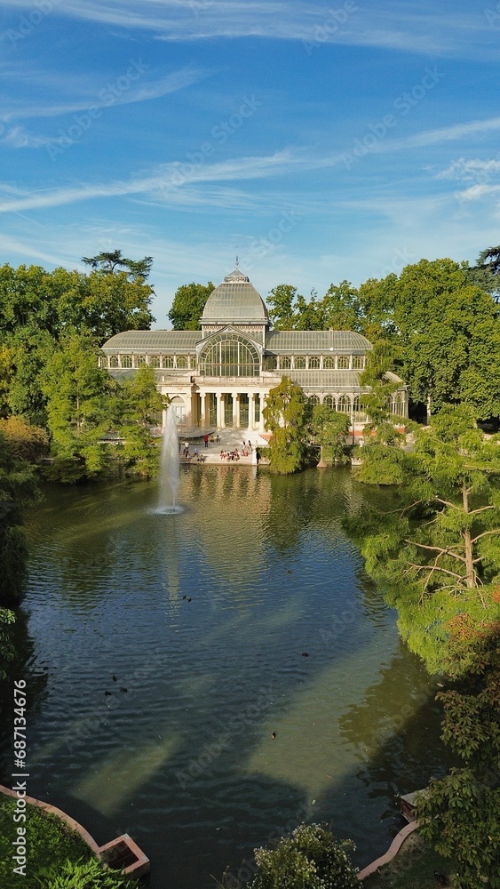 drone photo Crystal Palace, palacio de cristal Madrid Spain Europe