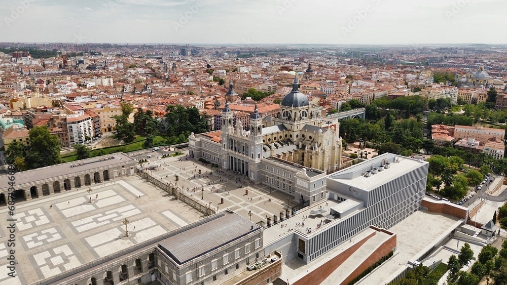 drone photo Almudena Cathedral, Catedral de Santa María la Real de la Almudena Madrid Spain Europe