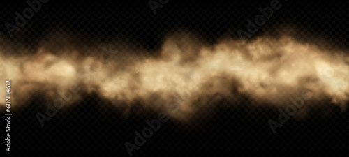 Sand cloud with dust isolated on transparent background. Effect of desert storm or sandstorm. Brown dusty cloud or dry sand flying. Realistic vector illustration