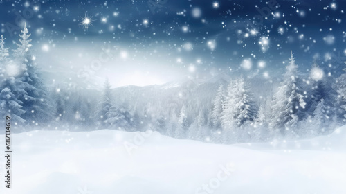 Winter background with snow and trees is a serene and wintry scene,Christmas background with xmas tree and sparkle bokeh lights, for holiday promotions, greeting cards, and winter-themed graphic