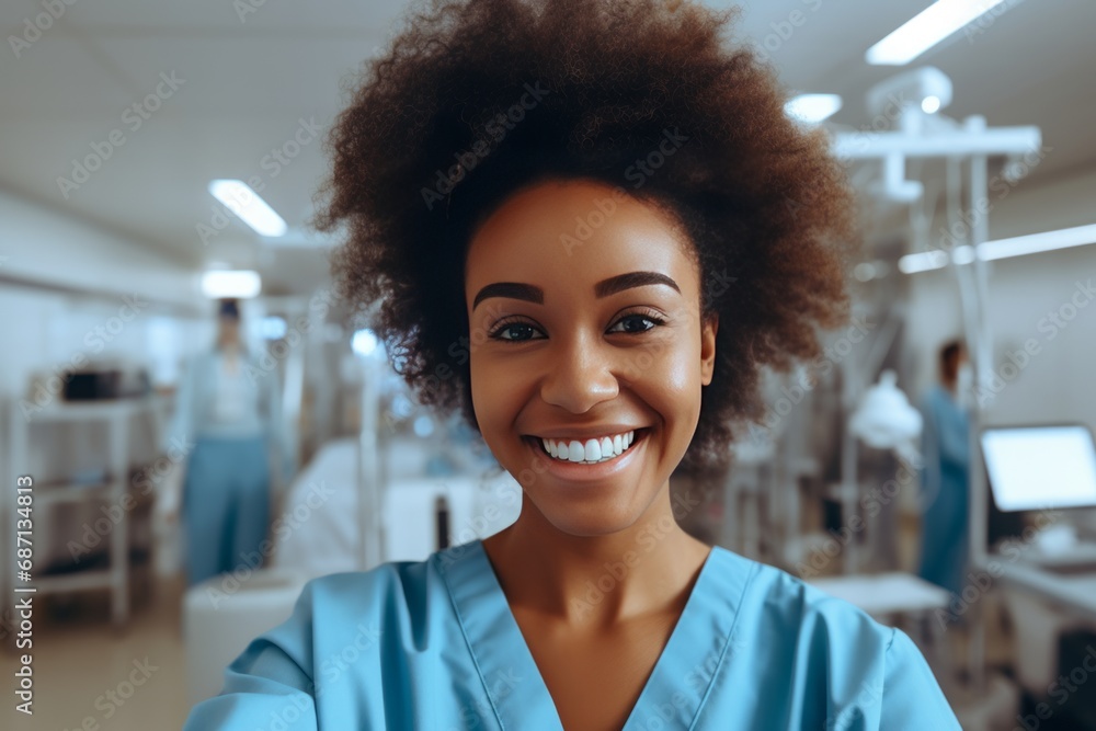 A Young Female Healthcare Worker of African Descent Smiles at the Camera while Stands at the Operating Room A Young Female Healthcare Worker of African Descent Smiles at the Camera while Stands at the Operating Room