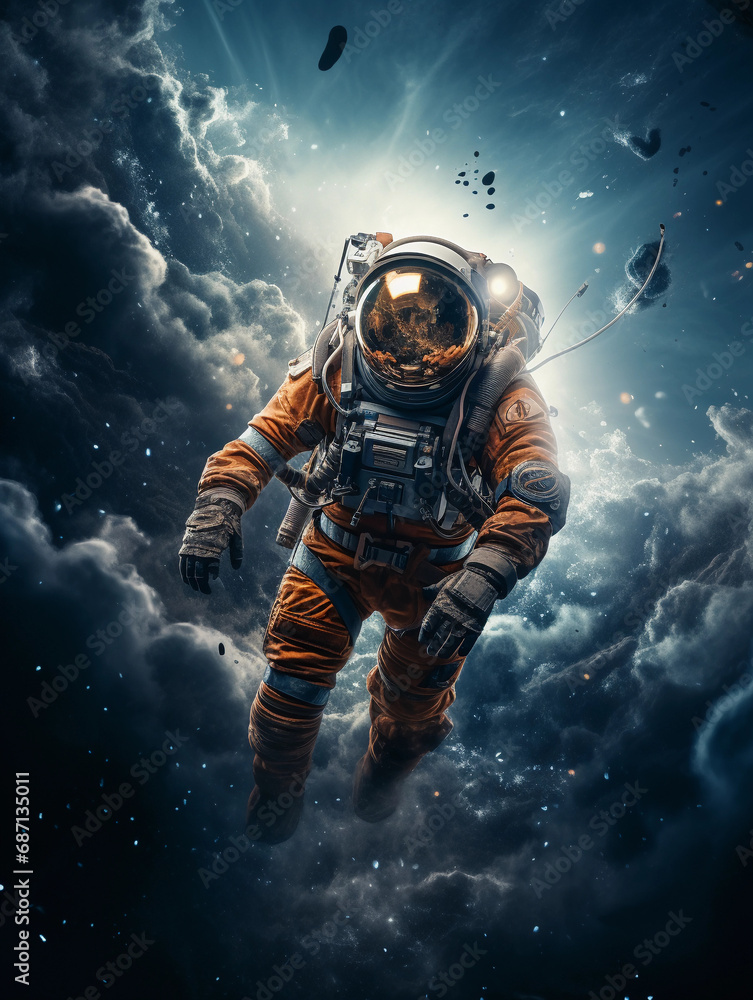 custom made wallpaper toronto digitalportrait of a female astronaut, full gear, against a backdrop of the cosmos, striking contrast, detailed space suit