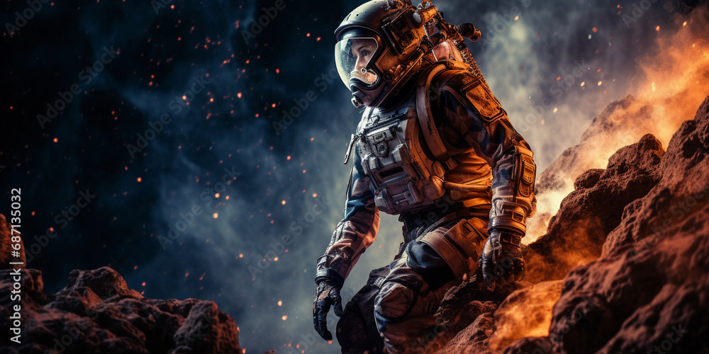 portrait of a female astronaut, full gear, against a backdrop of the cosmos, striking contrast, detailed space suit - obrazy, fototapety, plakaty 