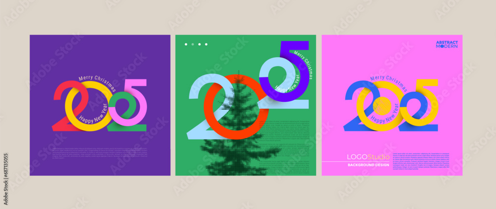 Set of Happy New Year 2025 with typography colored number logo. 2025 New Year celebration. Creative concept of posters. Minimalistic vector trendy backgrounds for branding, cover card, banner, poster.