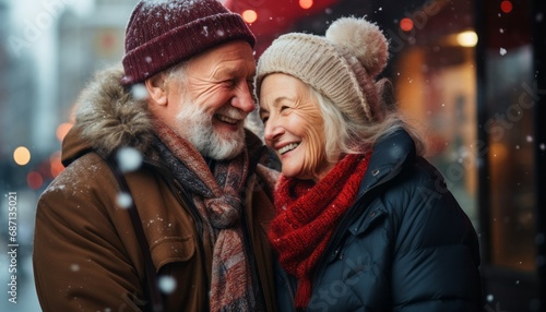 Photo of two old elderly happy people couple pensioner marriage friends lovers man woman wear coat red scarf headwear x-mas street © Bold24