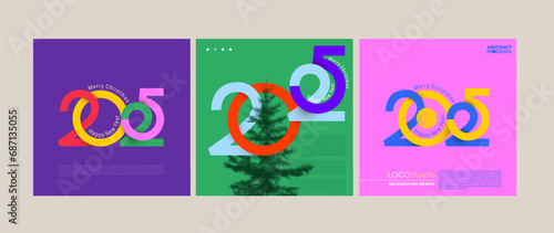 Set of Happy New Year 2025 with typography colored number logo. 2025 New Year celebration. Creative concept of posters. Minimalistic vector trendy backgrounds for branding, cover card, banner, poster.