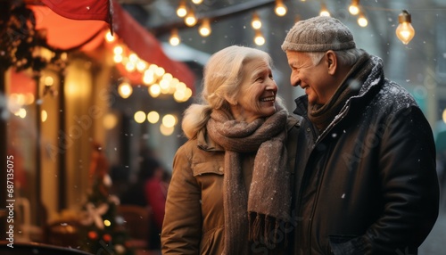Photo of two old elderly happy people couple pensioner marriage friends lovers man woman wear coat red scarf headwear x-mas street