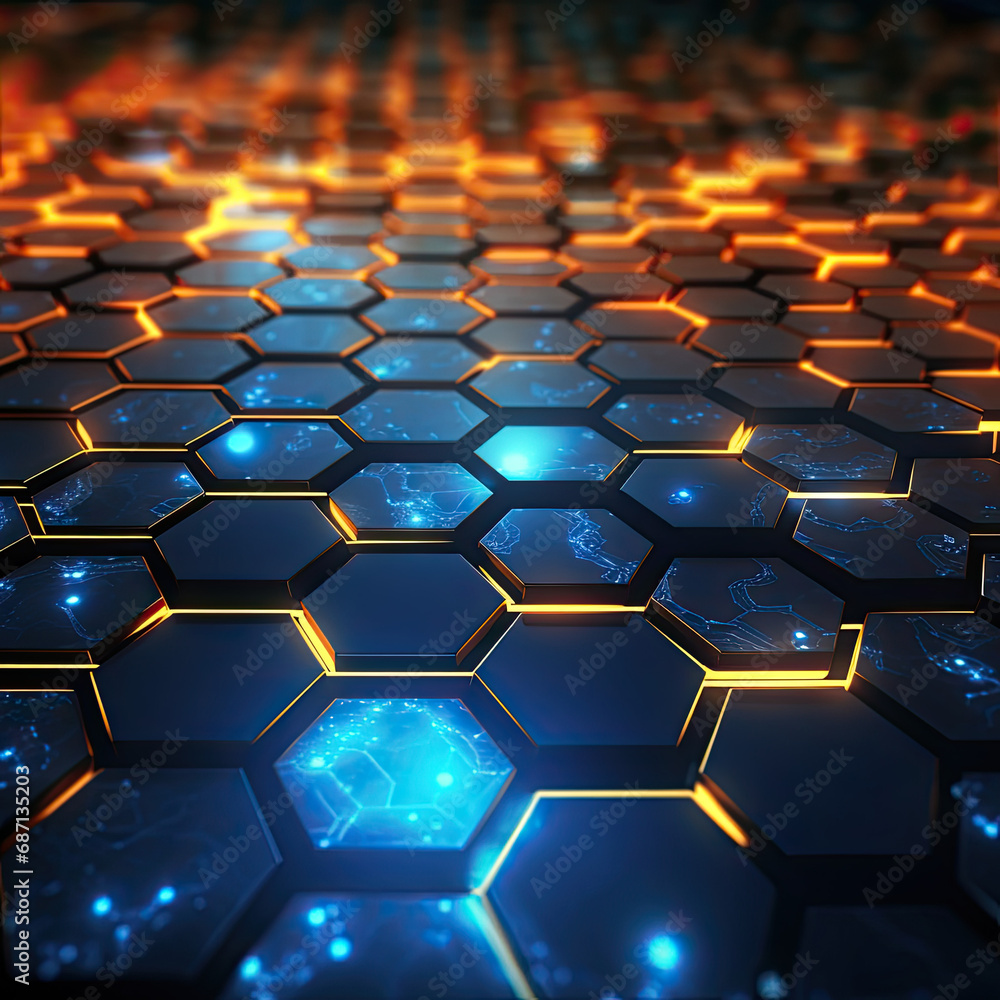 Abstract futuristic background with hexagons and blue neon lights.