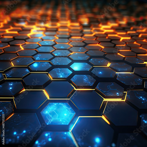 Abstract futuristic background with hexagons and blue neon lights.