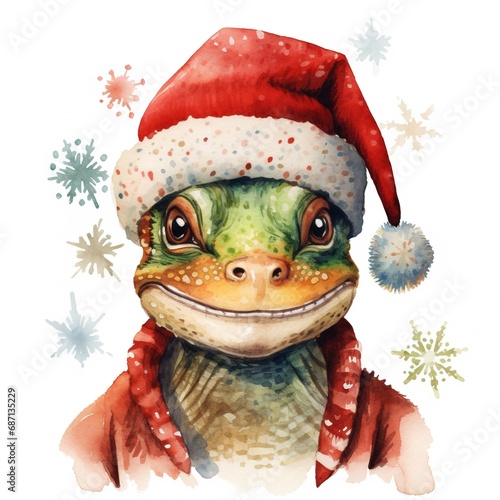 Generative AI, cute lizard animal, pet in Christmas hat and ugly sweaters, watercolor style.