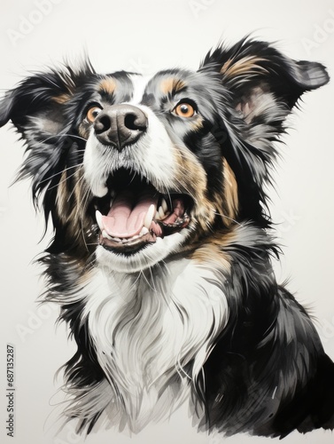 A painting of a dog with a big smile.