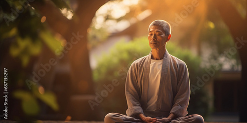 Zen-like portrait of a person in meditation, tranquil garden setting