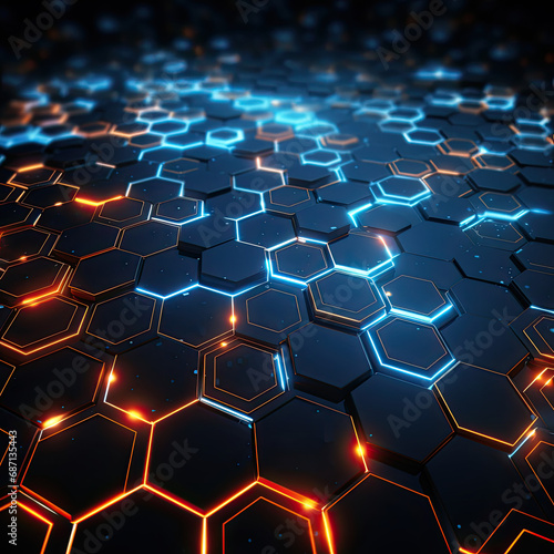 Abstract futuristic background with hexagons and blue neon lights.