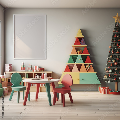 Colorful children's room, empty table on the wall, new year tree  (ID: 687135675)
