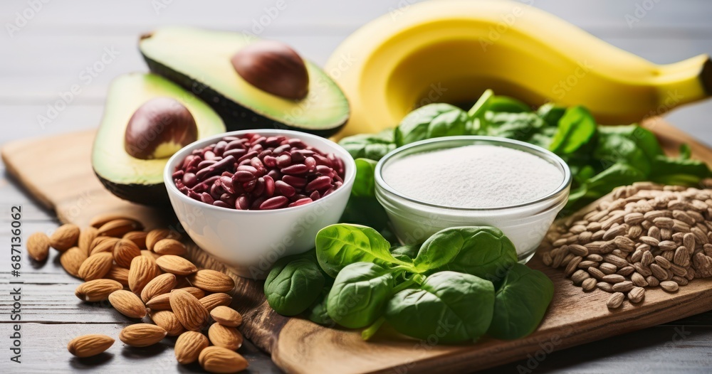 Essential Nutrient, Delicious Choices - Foods containing magnesium. Healthy diet eating concept. Generative AI Essential Nutrient, Delicious Choices - Foods containing magnesium. Healthy diet eating concept. Generative AI