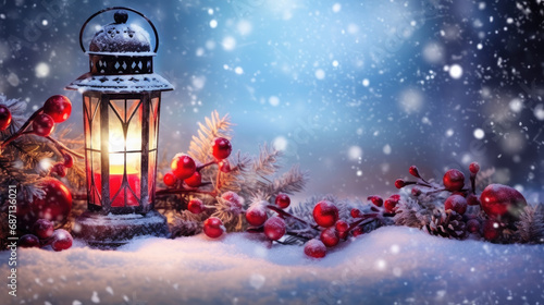 a lantern with a lit candle and a Christmas ornament placed in the snow. It's suitable for holiday-themed designs, greeting cards, and winter-themed promotions.. Winter Decoration,new year