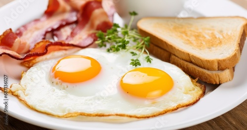 Traditional breakfast with bacon, fried eggs and toast. Generative AI